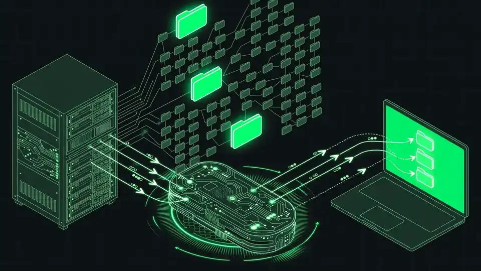 Illustration of sparse Git workspaces where an agent materializes only part of a repository through a cache layer