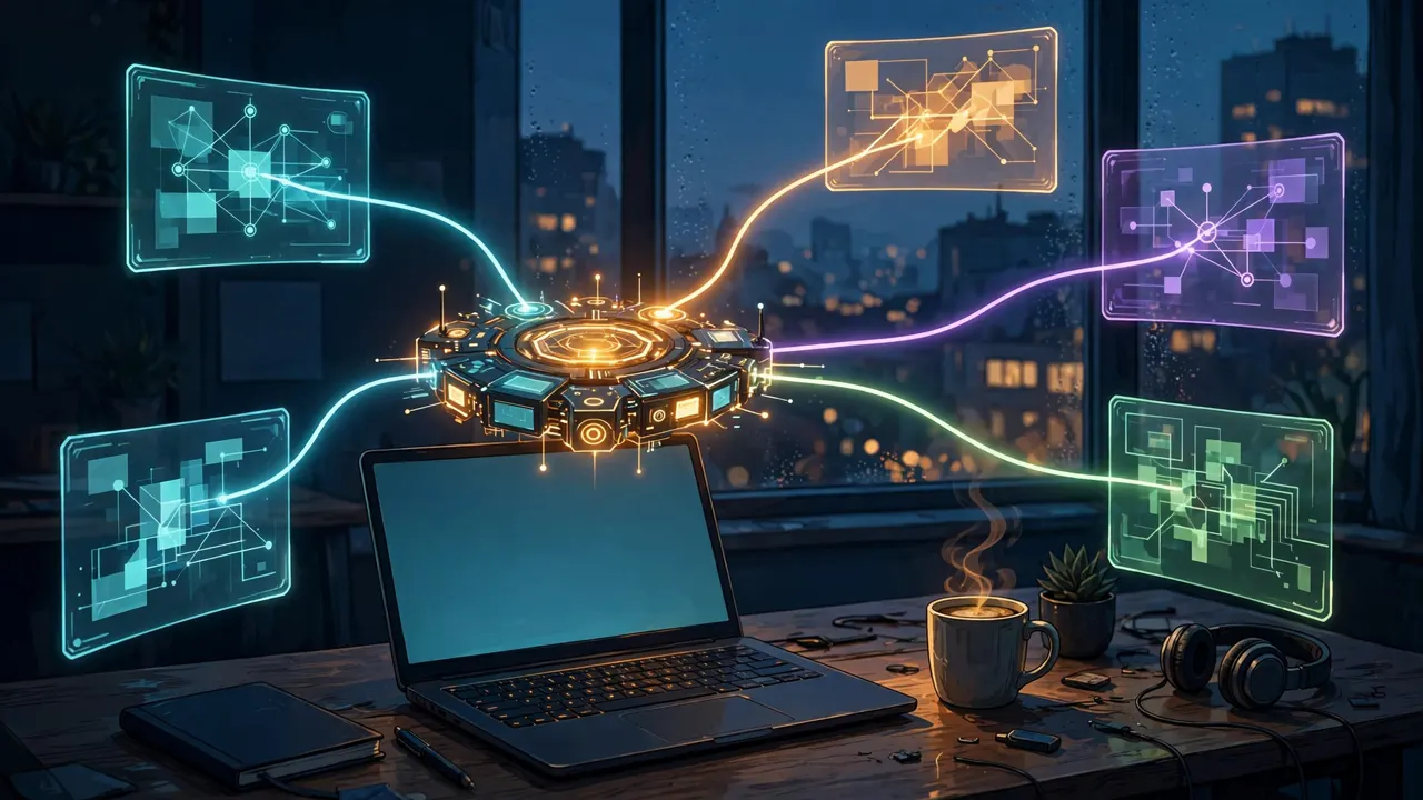 A glowing routing hub above a laptop sending coloured pathways to floating code windows at a developer’s desk at dusk