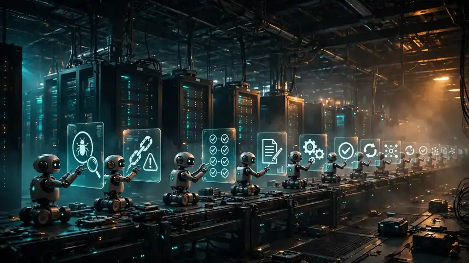 Small robots working along an assembly line of glowing task panels inside a dark server hall
