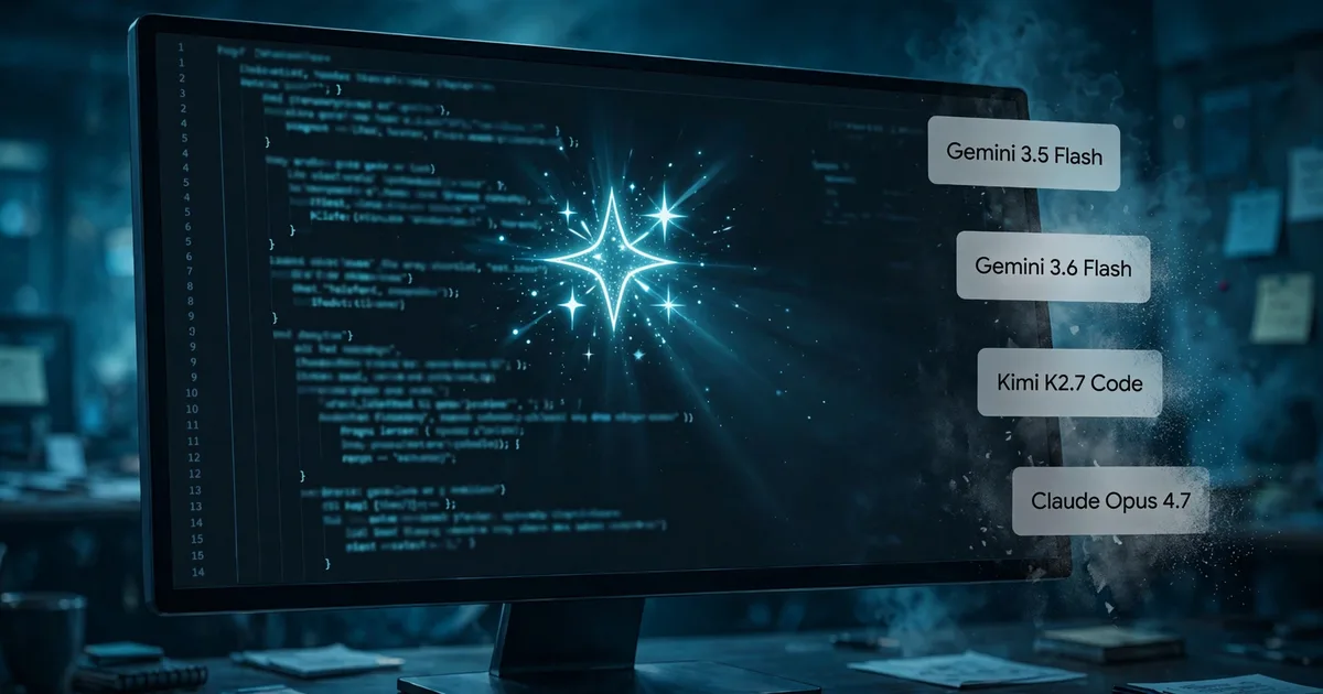 A code editor on a monitor with four fading AI model cards — Gemini 3.5 Flash, Gemini 3.6 Flash, Kimi K2.7 Code, Claude Opus 4.7 — slipping off the screen