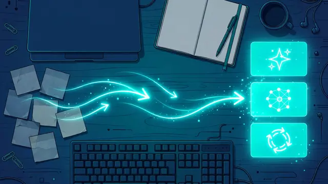 A developer workspace with glowing arrows swapping old sticky notes for bright new cards — migrating Copilot models
