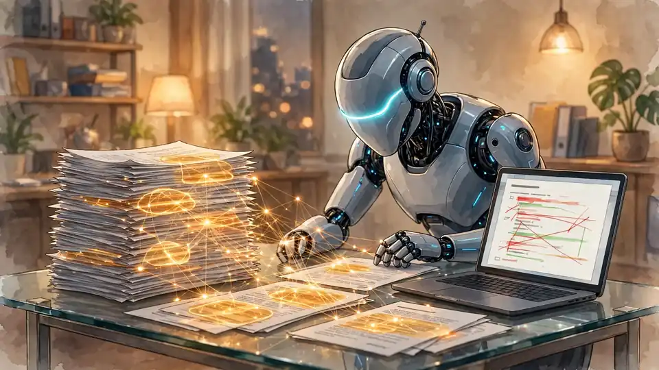 AI agent reviewing a stack of contracts with glowing network threads connecting clauses