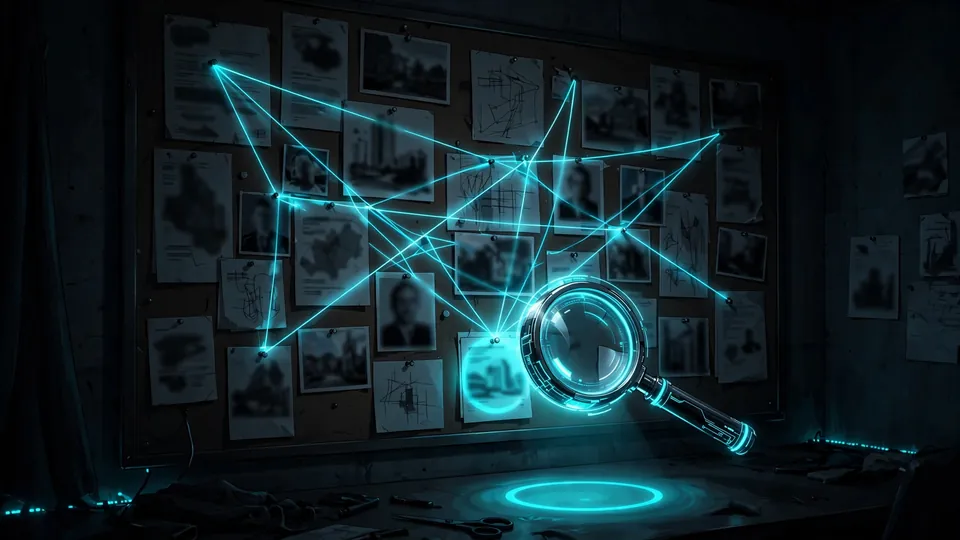 Evidence analysis board with glowing strings linking case documents in a dark room