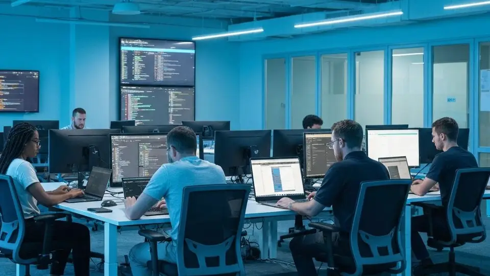 Software teams working together in a modern enterprise office