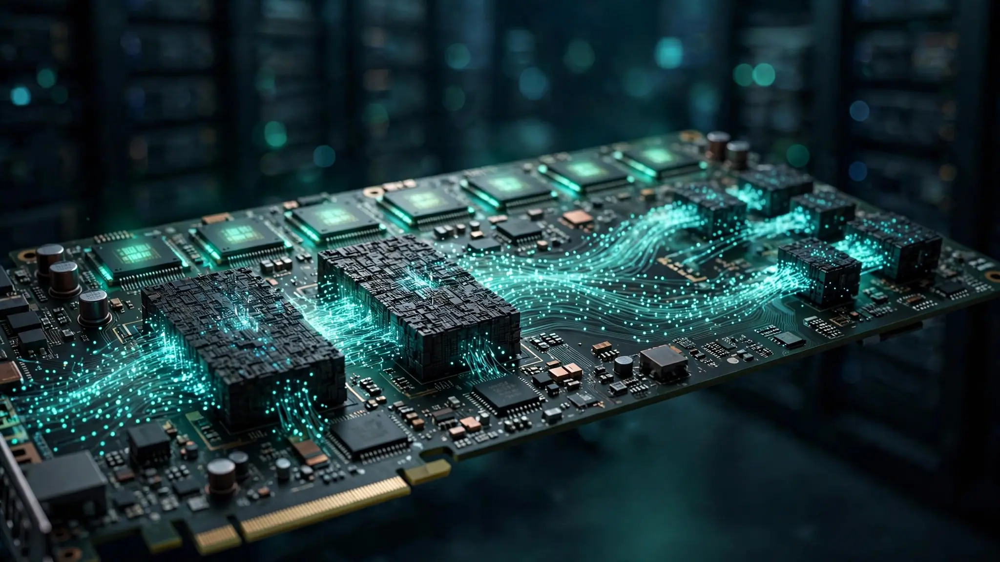 Editorial illustration: a GPU circuit board glowing green-cyan, streams of data bits flowing from large blocks into smaller compressed ones