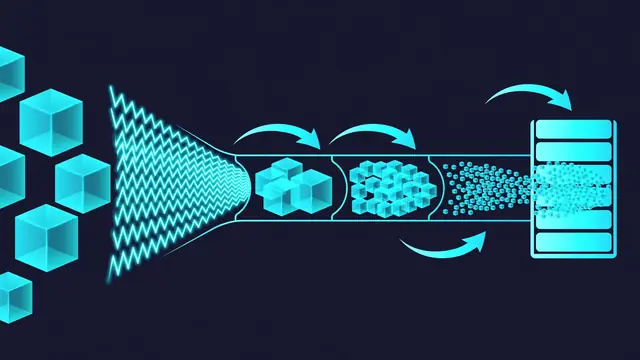 Diagram of the Glyd pipeline: large glowing tensor cubes enter zigzag compression waves and exit as smaller packed cubes into a softly glowing server rack