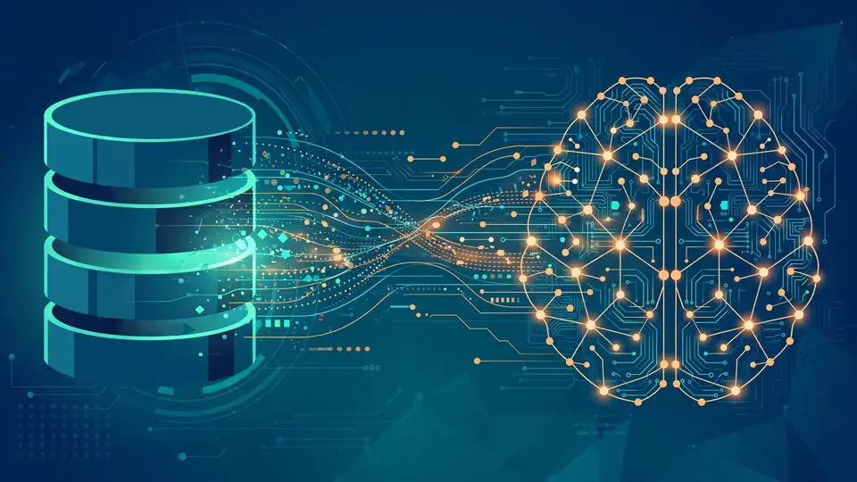 AI brain network drawing answers from a glowing database