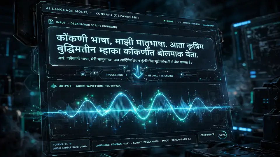 Devanagari Konkani script on a screen turning into an audio speech waveform