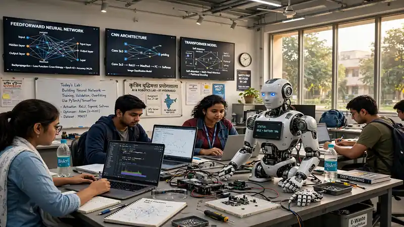Students in an Indian AI laboratory classroom with a humanoid robot on the workbench
