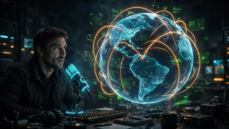A person speaking into a microphone while commanding a holographic 3D Earth globe ringed with flight paths and HUD overlays