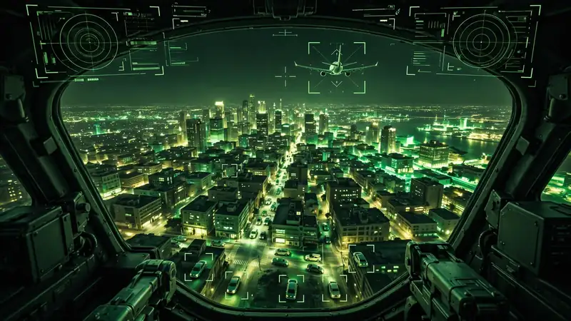 A night-vision cockpit view over a glowing 3D city, with a tracked aircraft ahead and green HUD bounding boxes marking ground vehicles