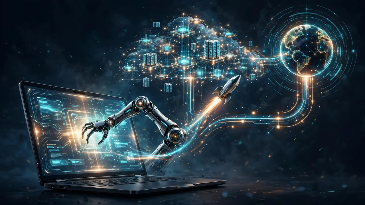 A robot arm reaches out of a glowing laptop terminal to launch a rocket toward a cloud of server nodes and a radar-pinged globe