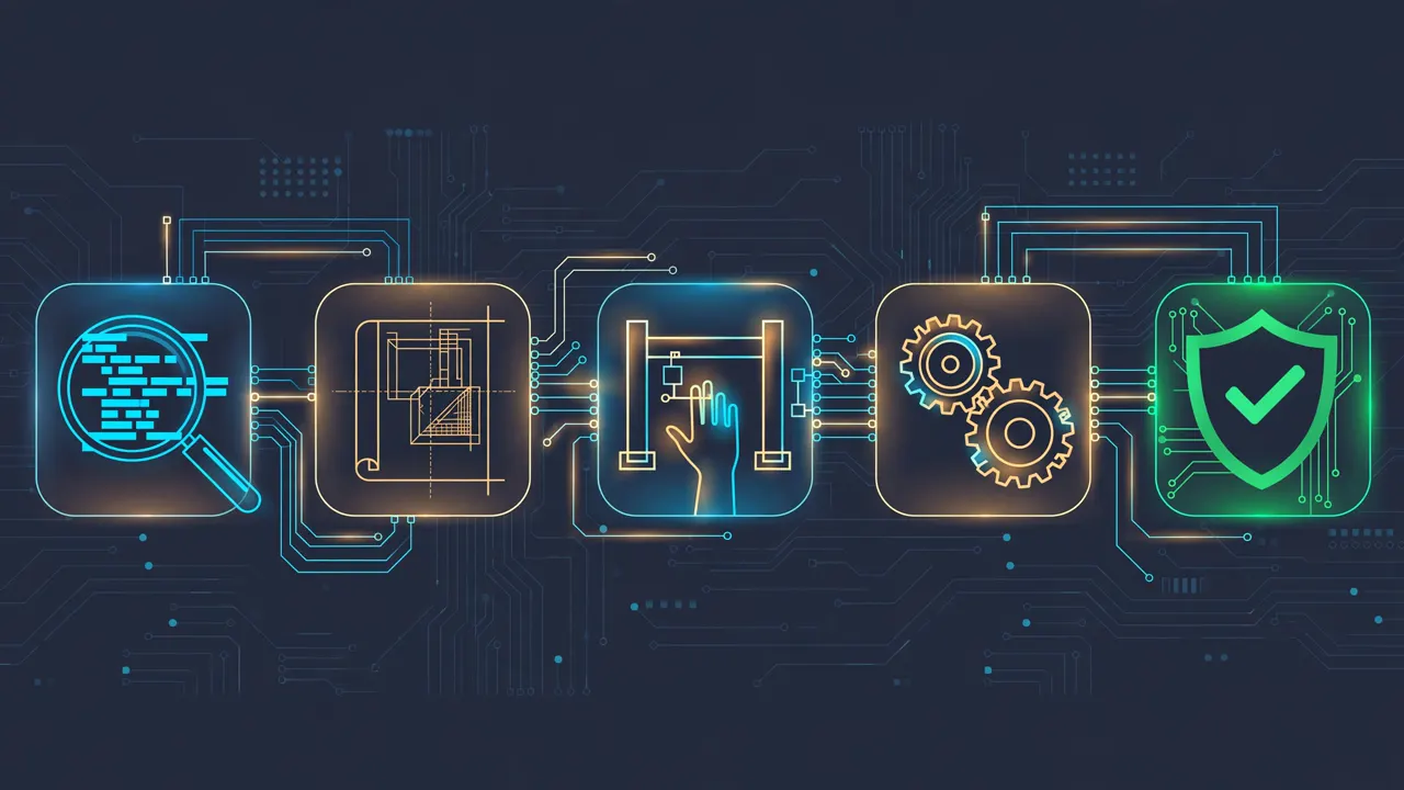 Five glowing pipeline stages connected by circuit traces: scan, plan, human checkpoint, apply gears, and a verified shield