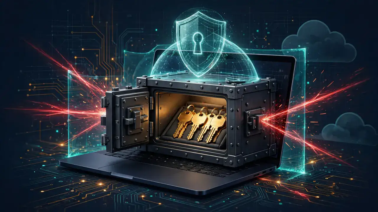 A steel vault locked inside a laptop holding golden API keys, a glowing shield above, warning rays blocked at the machine's edge