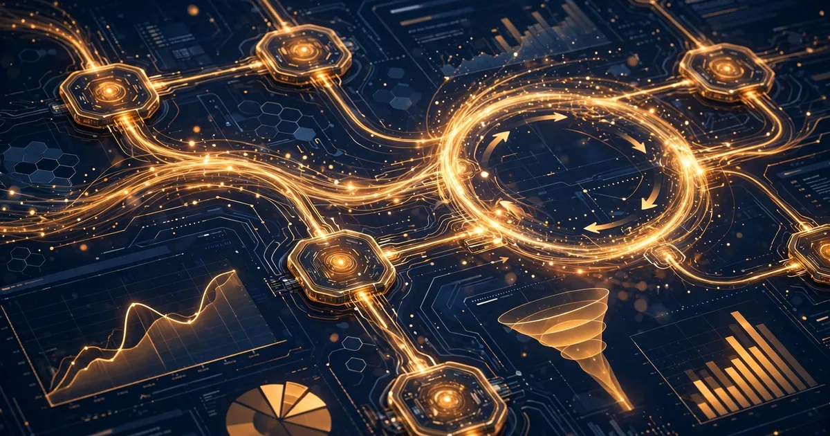 Abstract illustration of AI agents orchestrating revenue workflows on a sales dashboard