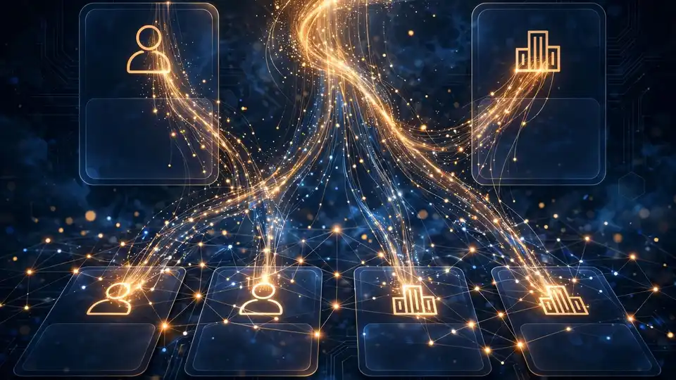 Abstract illustration of AI enriching contact and account data on a sales dashboard