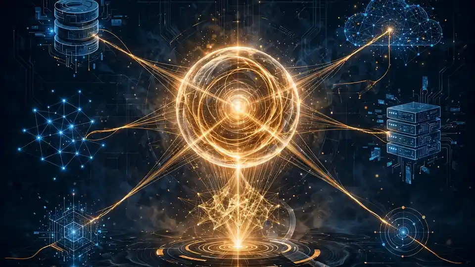 Abstract illustration of an AI assistant conducting deep research across data systems