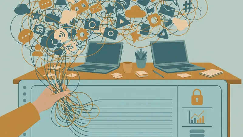 AI-generated illustration of a tangled sprawl of AI app icons being pulled into a single governed control panel