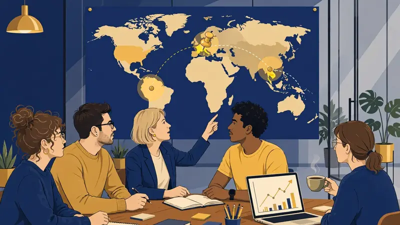 AI-generated illustration of a small European startup team planning expansion across a world map