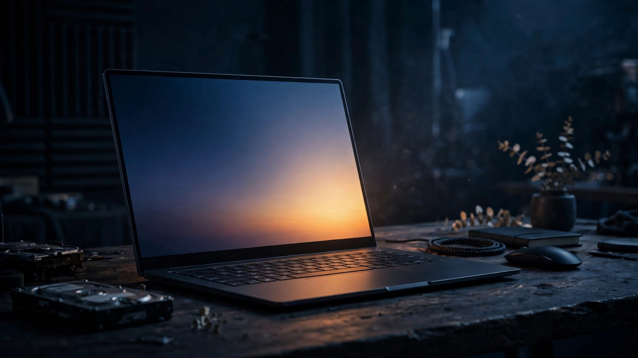 A modern laptop glowing with a sunrise gradient on its screen, symbolizing the end of the ChromeOS era and the rise of Googlebook OS