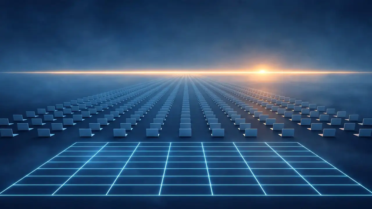 Rows of laptops marching toward a glowing 2034 horizon, illustrating the ChromeOS support timeline
