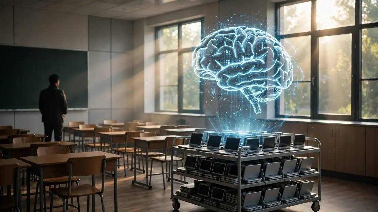 A classroom laptop cart with a glowing AI brain symbol above it, illustrating schools facing the Chromebook transition