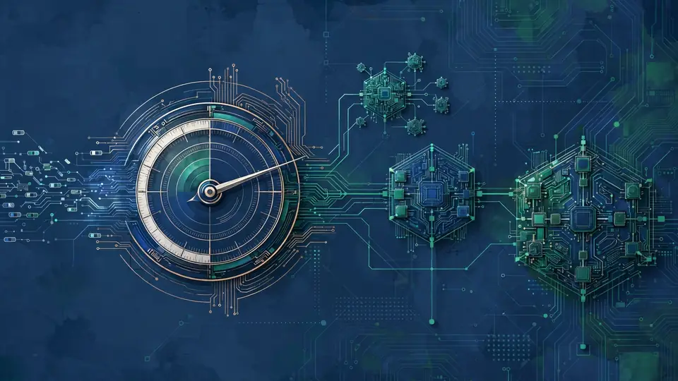 Illustration of an AI system routing work requests to different AI models of varying sizes, with cost-control dials.