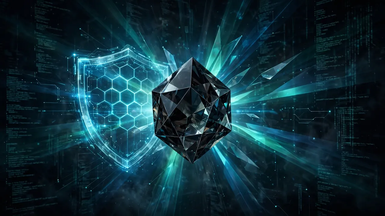 A faceted black crystal beside a glowing digital shield over streams of code, evoking Gemini 4 Carbon and cybersecurity defense