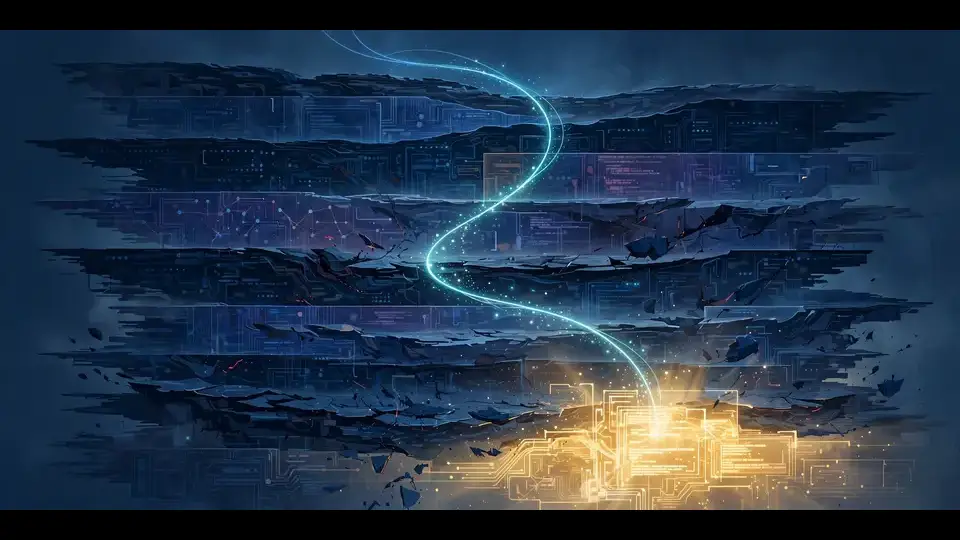 A glowing thread winding through layers of code toward a bright repaired section, evoking long-running AI engineering work