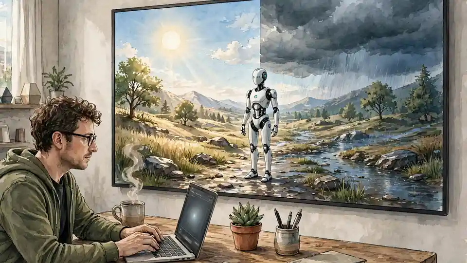 A person typing a prompt while a simulated world on screen shifts its weather in real time