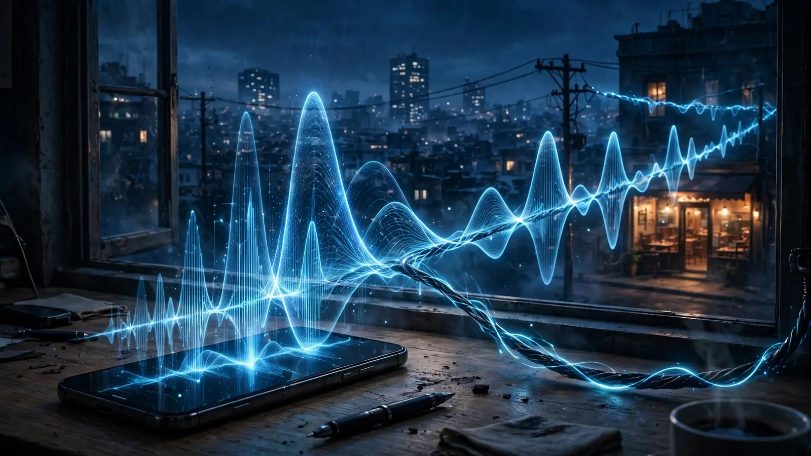 A smartphone on a desk with a glowing AI sound wave flowing from its screen along a phone wire to a restaurant storefront at night