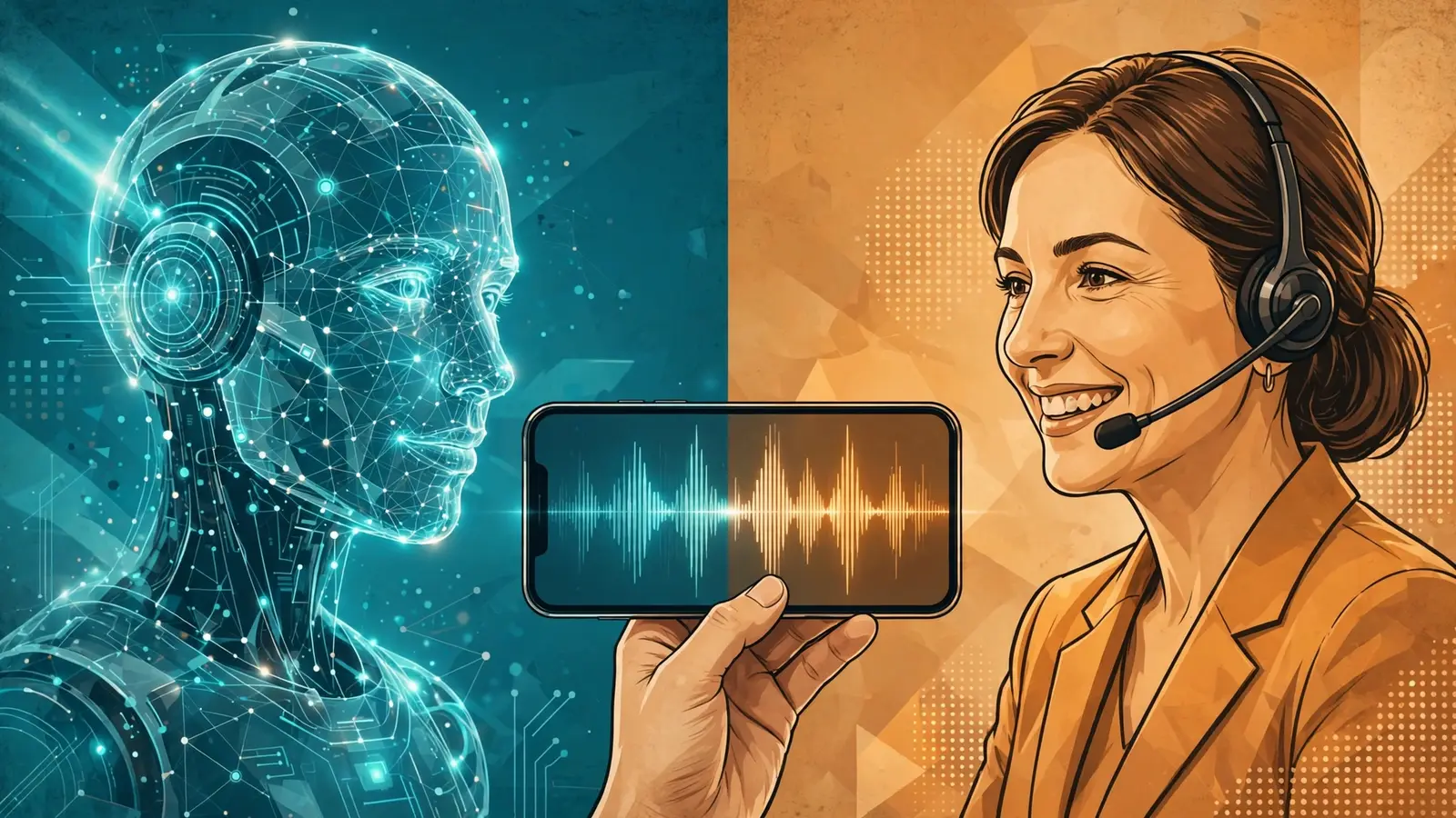 A translucent AI avatar speaking with a smiling human receptionist, with a hand holding a phone showing a conversation waveform between them
