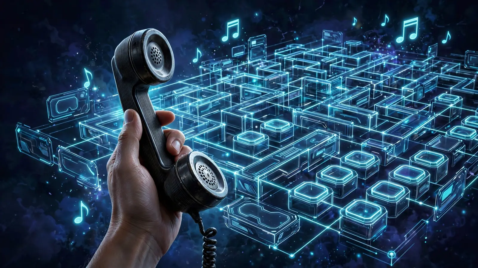 A hand holding a vintage telephone handset against a glowing holographic maze of phone menus and hold-music notes