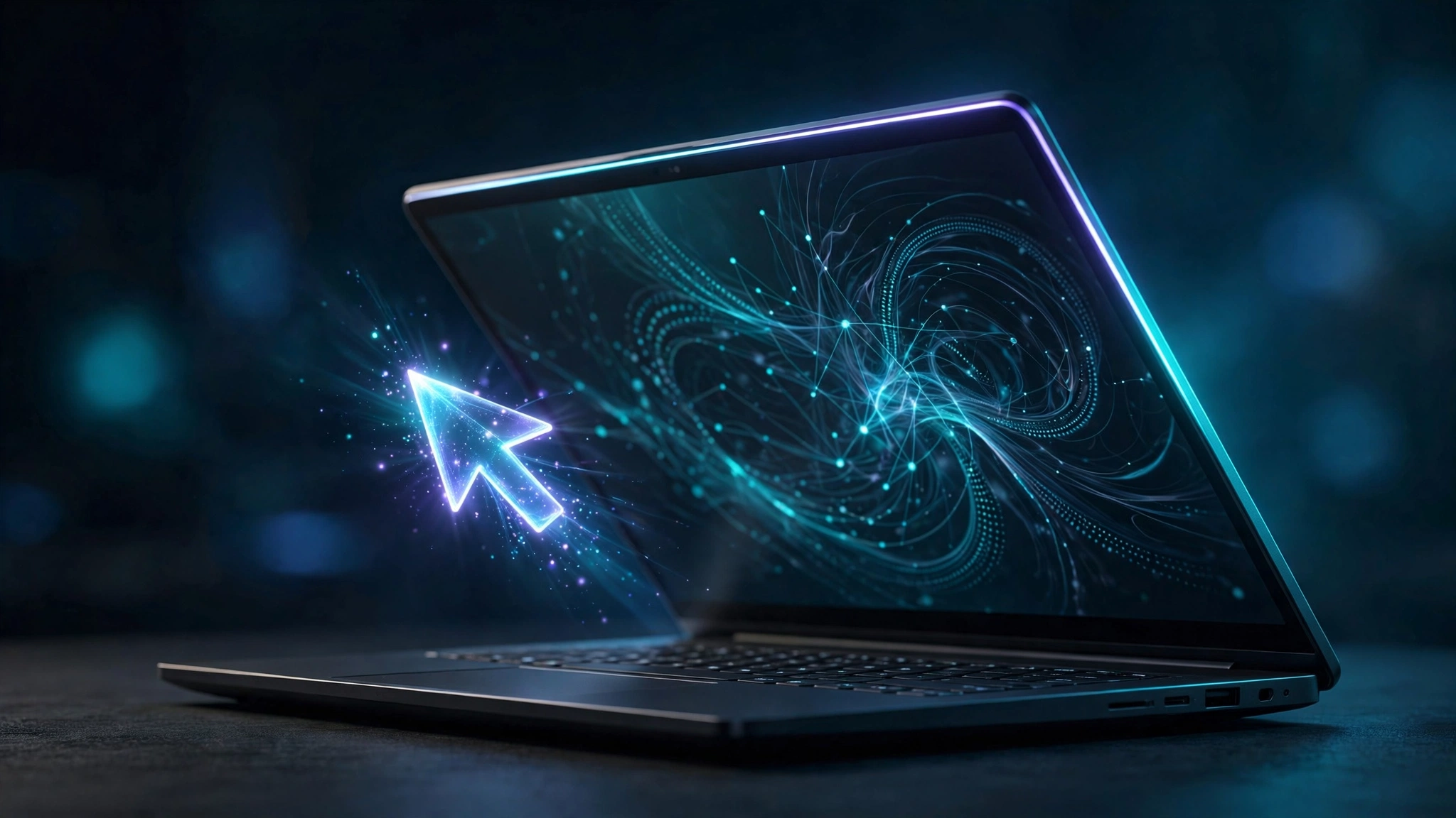 Illustration of a premium laptop with a glowing AI cursor and light-bar, evoking the Googlebook Gemini laptop launch