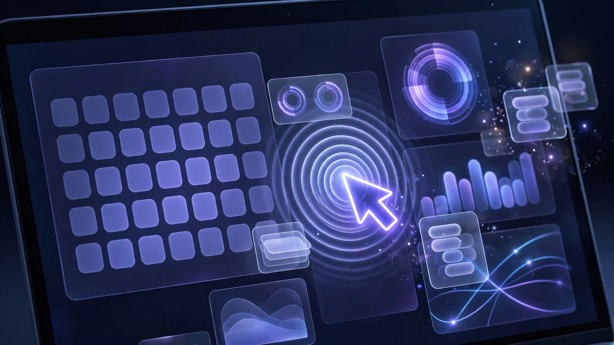 Illustration of an AI-powered cursor over a glowing laptop screen, evoking Googlebook's Magic Pointer feature