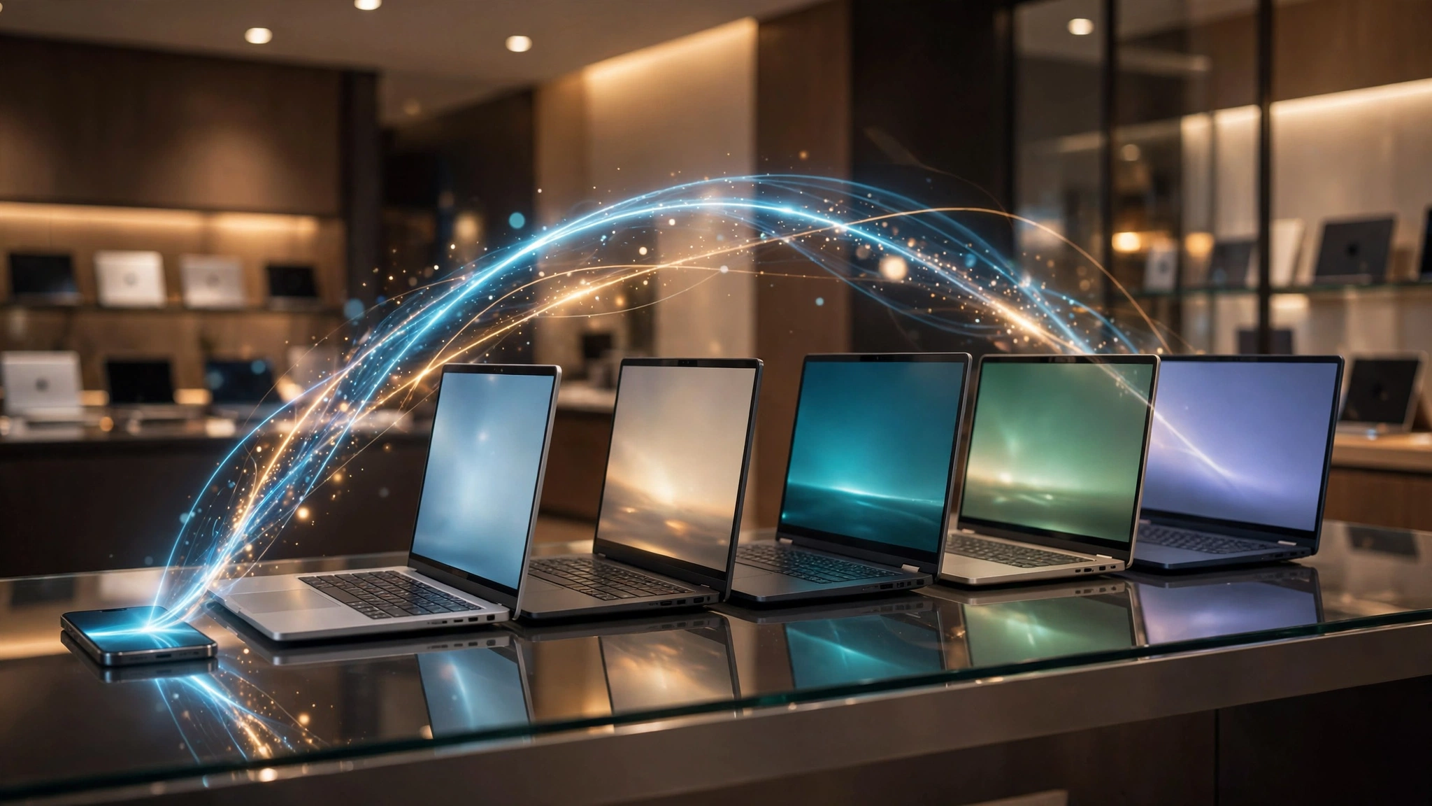 Illustration of five laptops on a showroom shelf connected to a smartphone by streams of light, evoking the five-OEM Googlebook launch