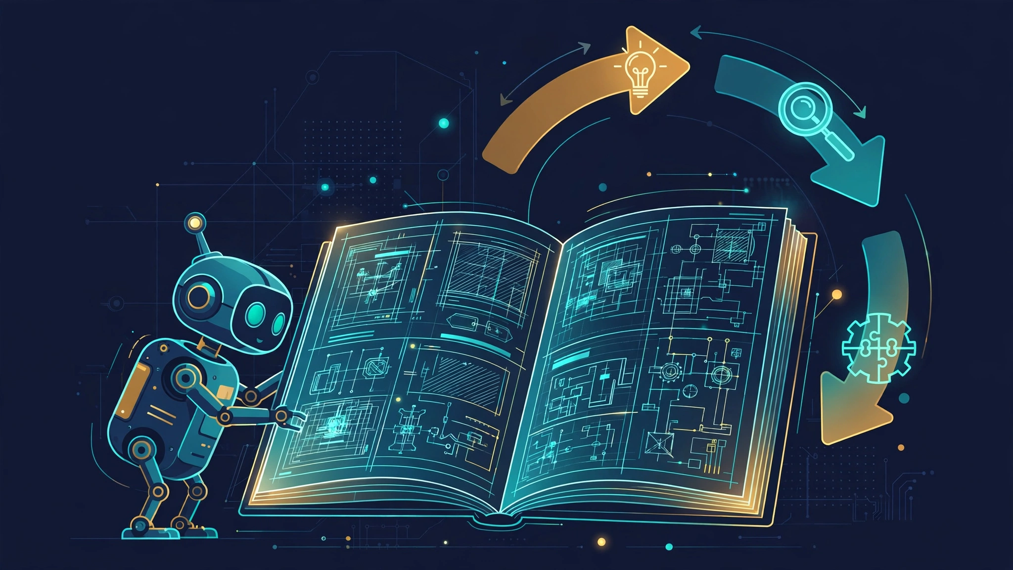 A small agent studying its own open playbook while circular arrows show a propose, probe and compose loop