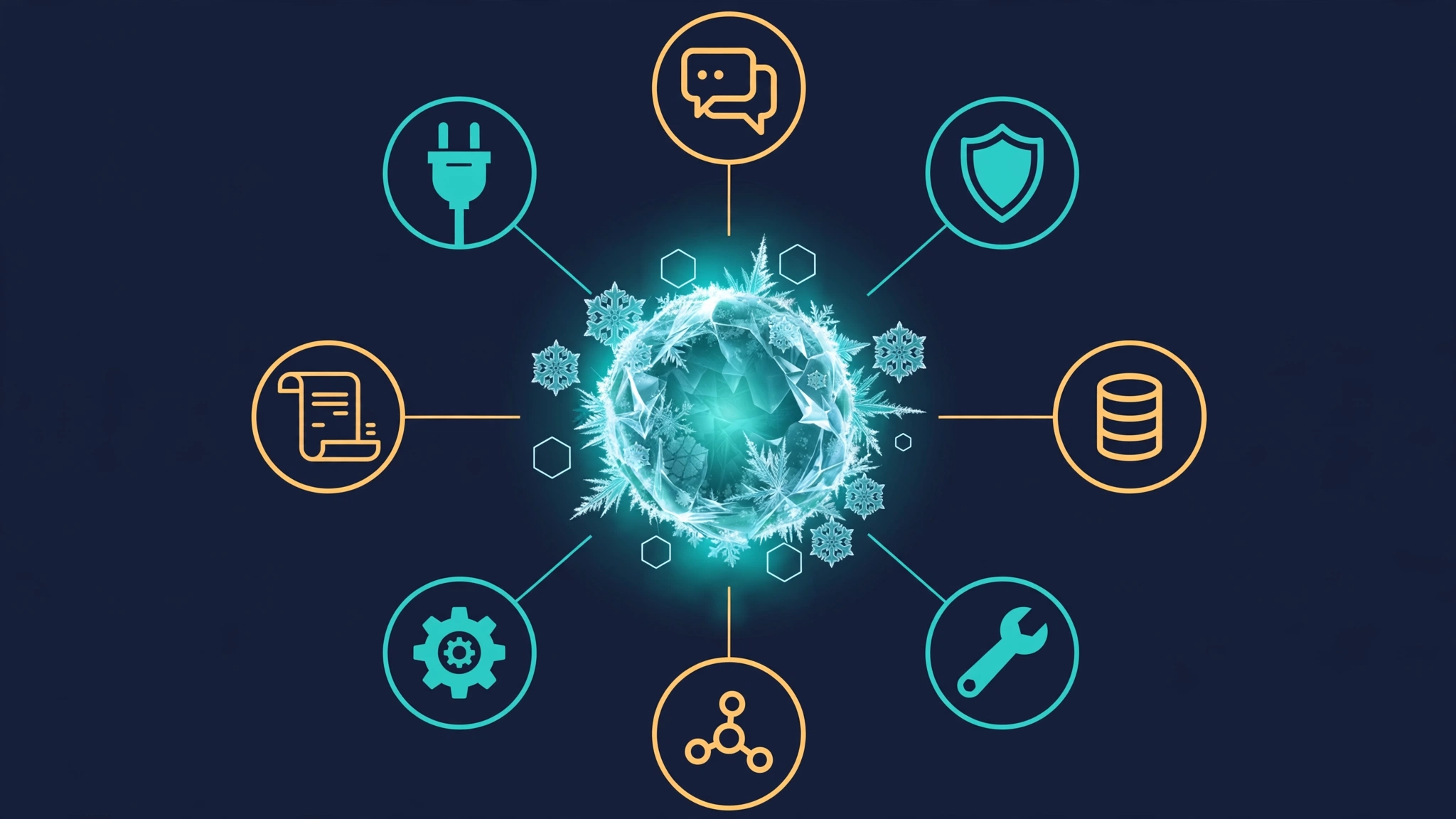 Eight component icons arranged around a glowing frozen core, representing the parts of an agent harness