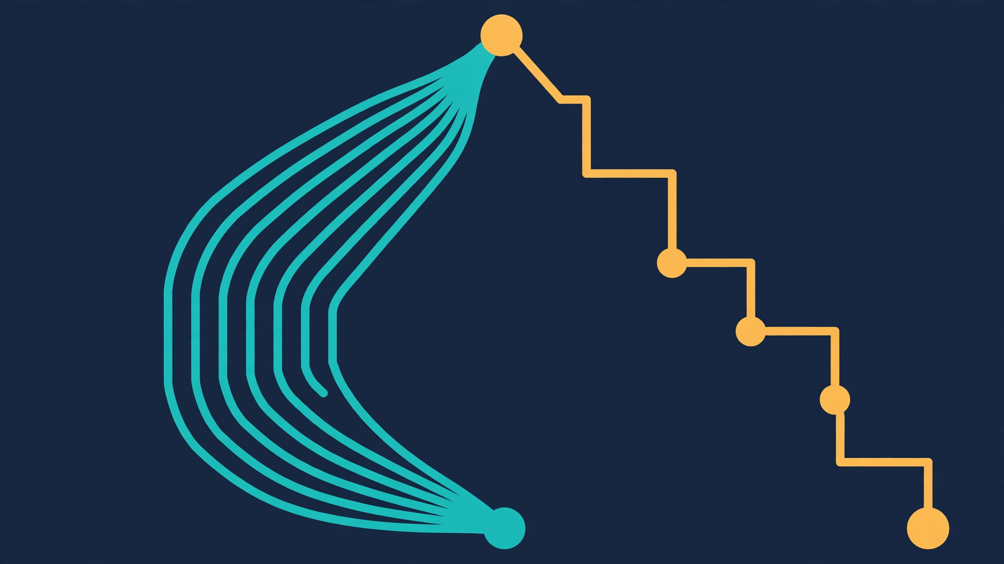 Two abstract paths from one start point: wide parallel lanes on one side and a sequence of steps on the other