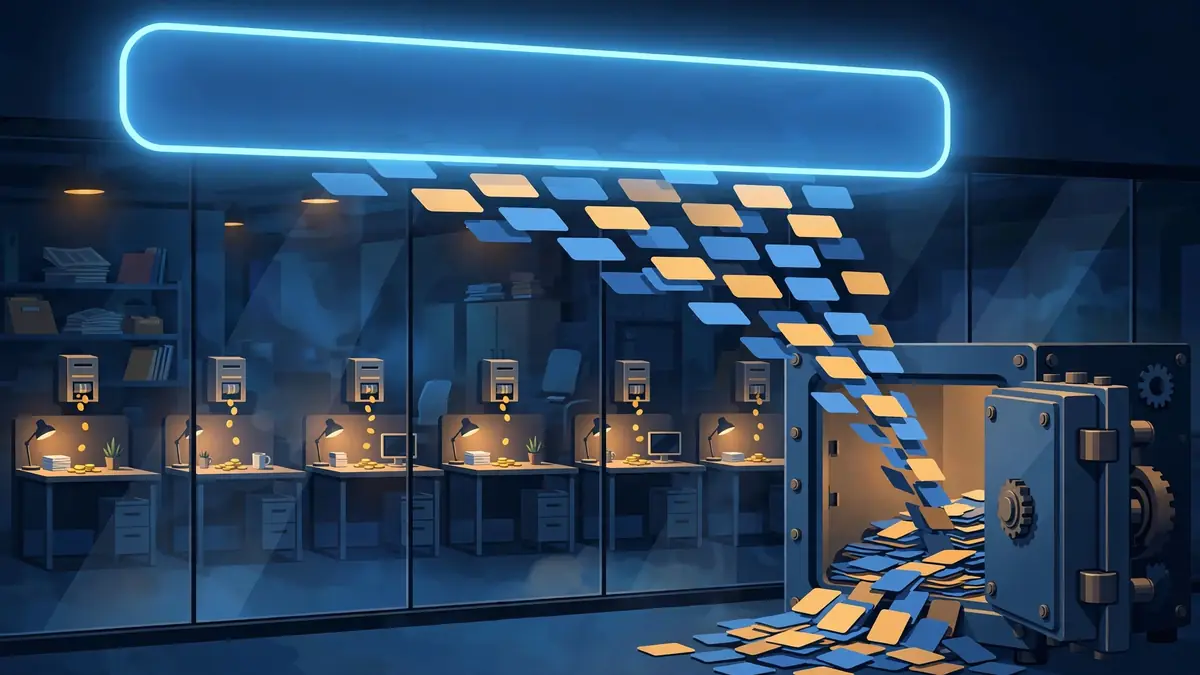Editorial illustration of a glowing search bar feeding AI answer cards into a vault while publisher desks receive coins.