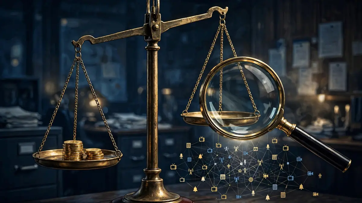 Editorial illustration of a balance scale weighing a small stack of coins against a web of publisher outlets under a magnifying glass.