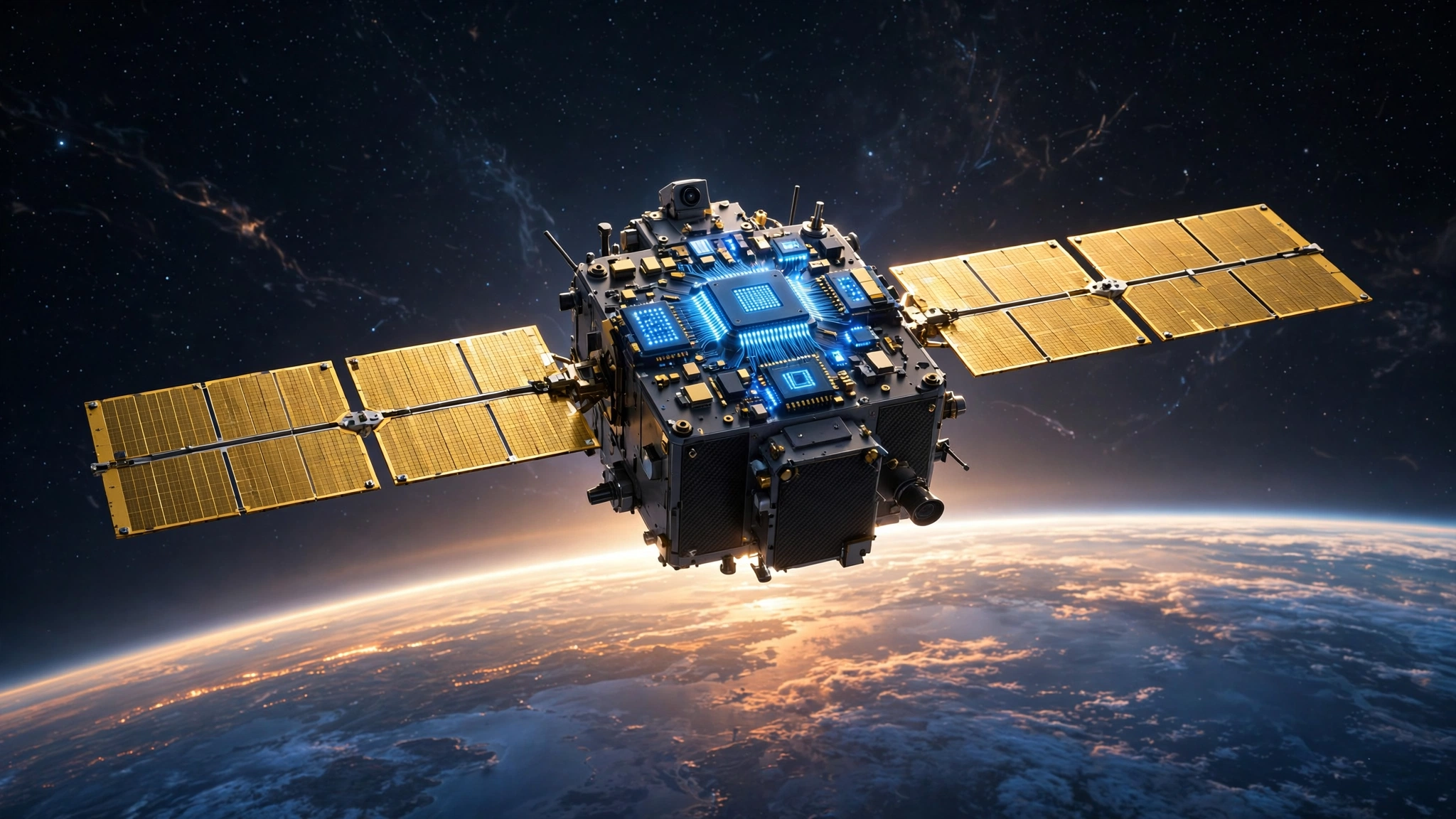 Illustration: a prototype satellite with glowing AI processor chips orbiting above Earth's sunlit limb