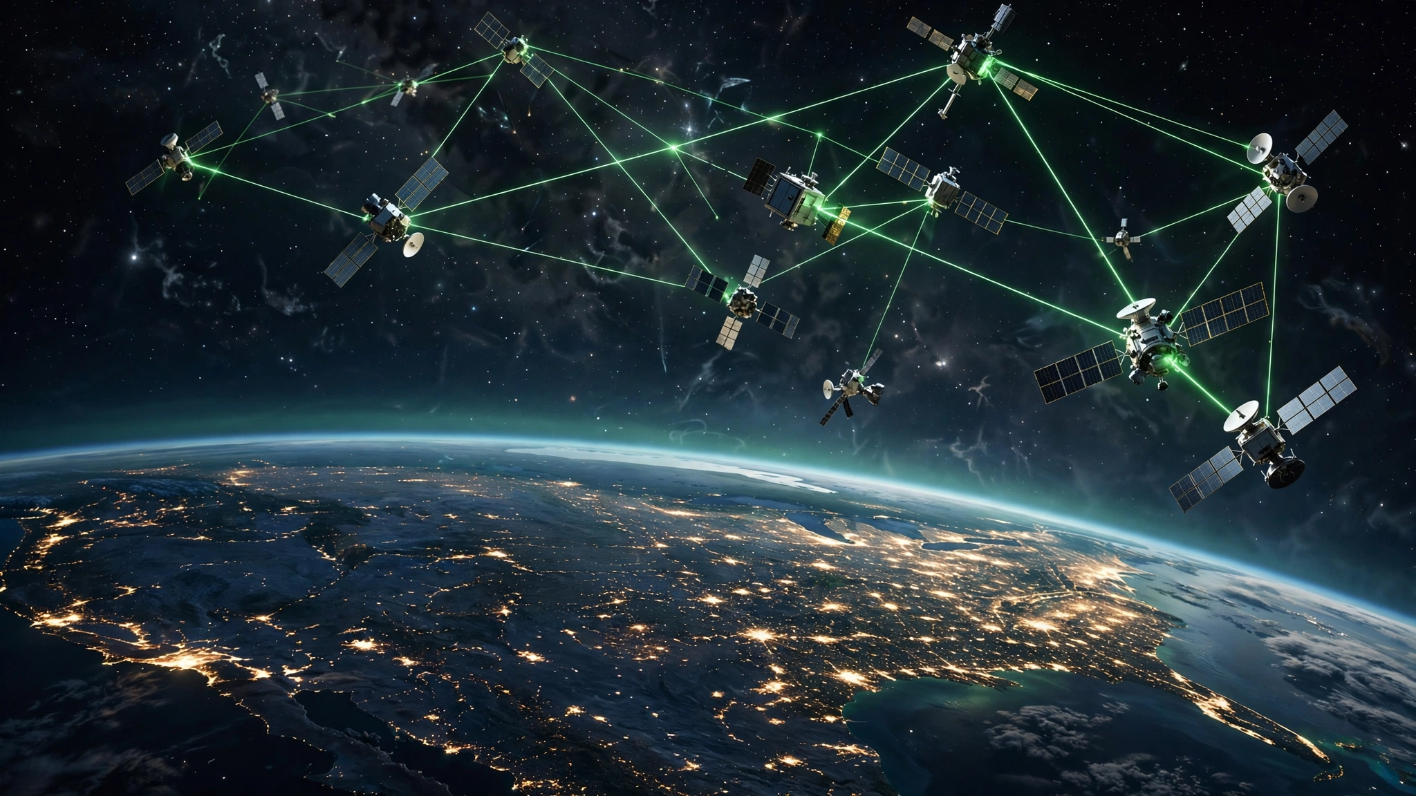 Artist's impression of future Suncatcher satellites linked by laser beams above Earth's night side