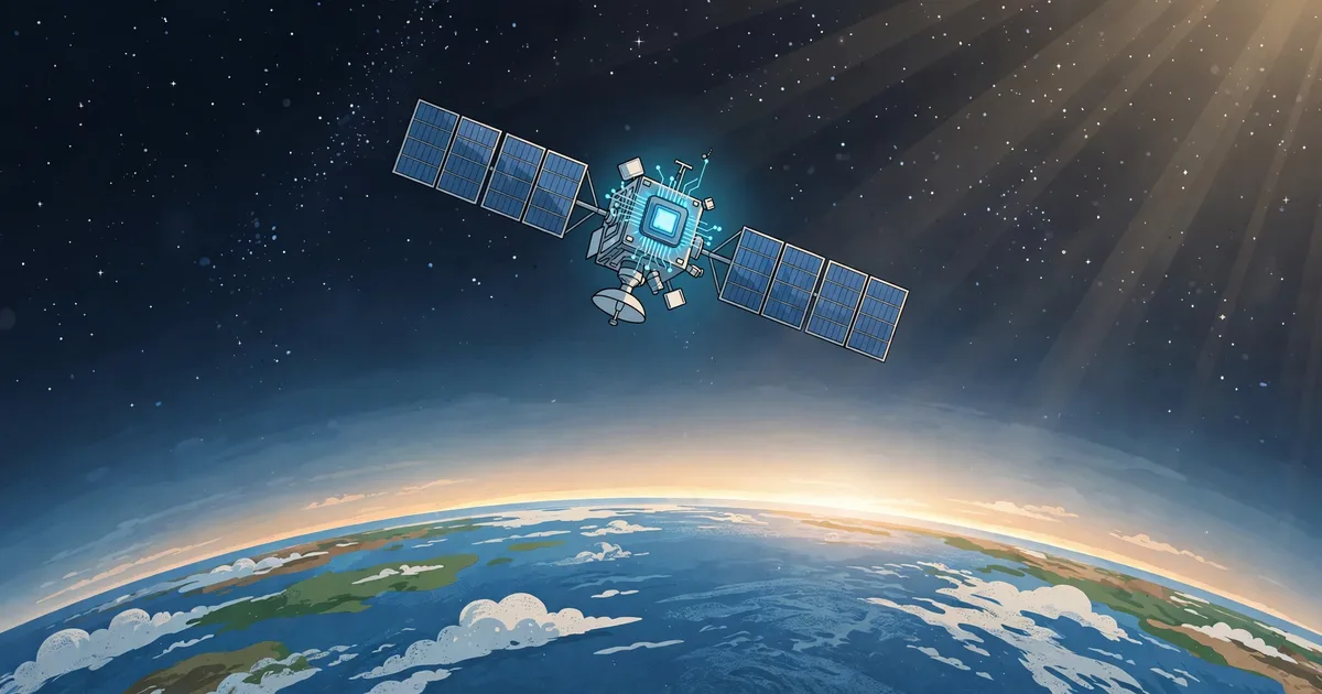 A satellite with solar panels and a glowing AI chip above Earth's curved horizon at sunrise