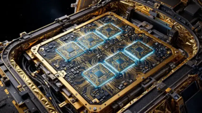 Glowing accelerator chips on a circuit board inside a satellite payload bay