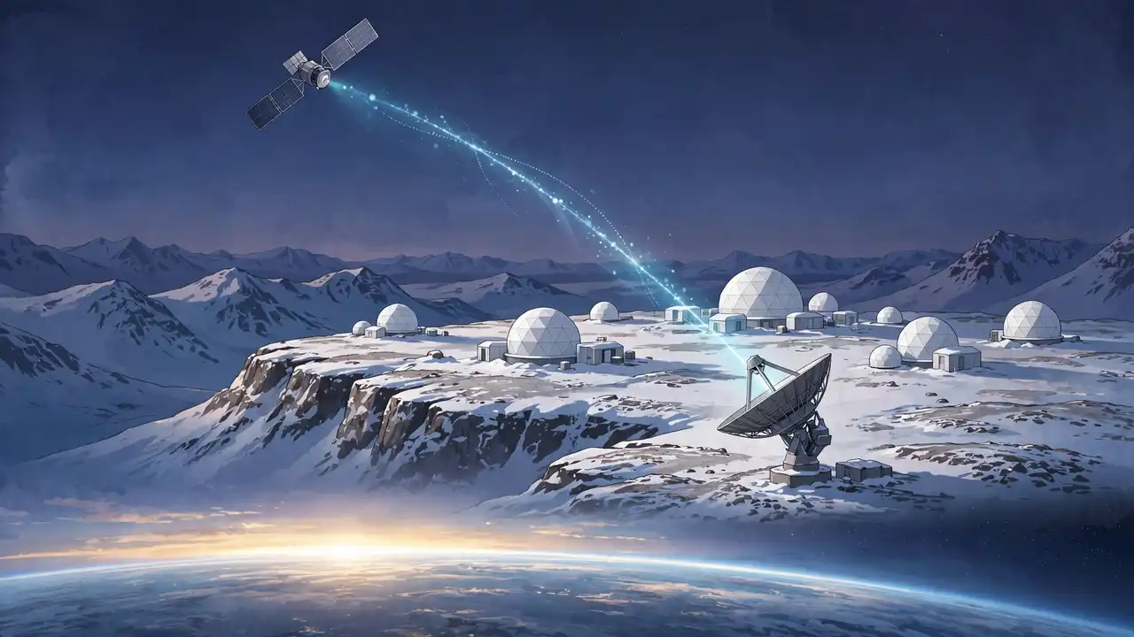 A satellite beaming a signal down to a dish antenna at a snowy Arctic ground station