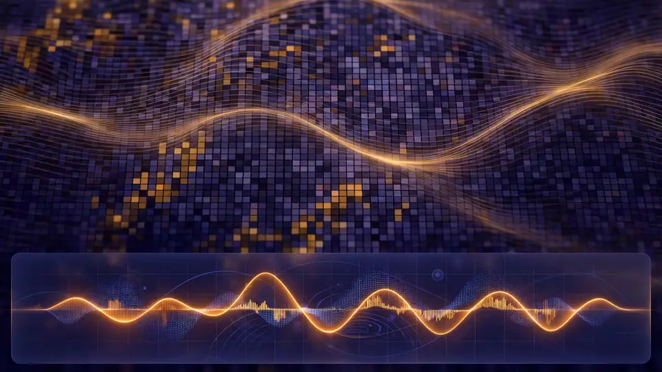 Watermark signal waves rippling across a video frame and audio waveform.