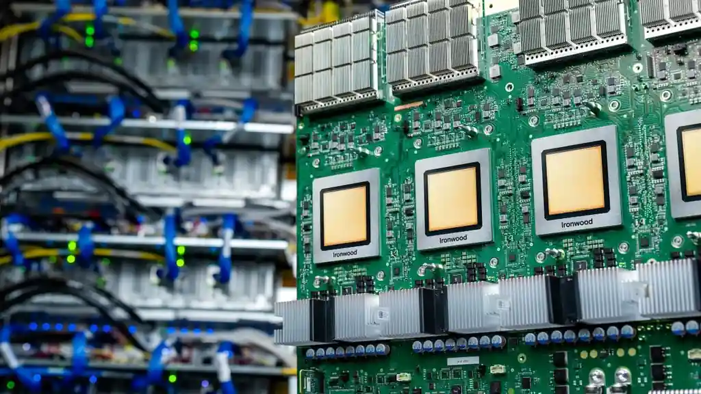 Google Ironwood TPU board with labeled Ironwood chips in a data center rack