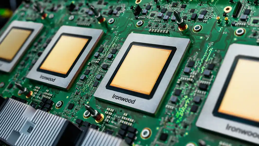 Close-up of Google Ironwood TPU chips mounted on a green circuit board