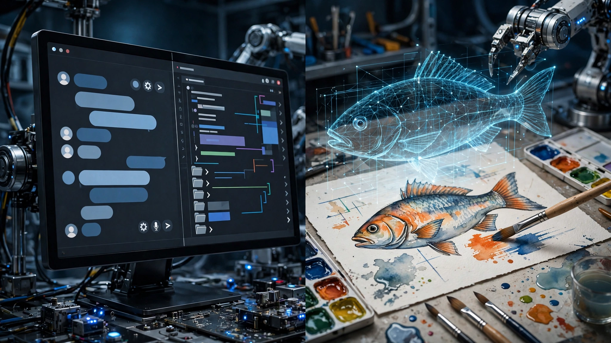 A split view of a chat and code interface beside a robot arm painting a fish, with a faint digital wireframe overlay